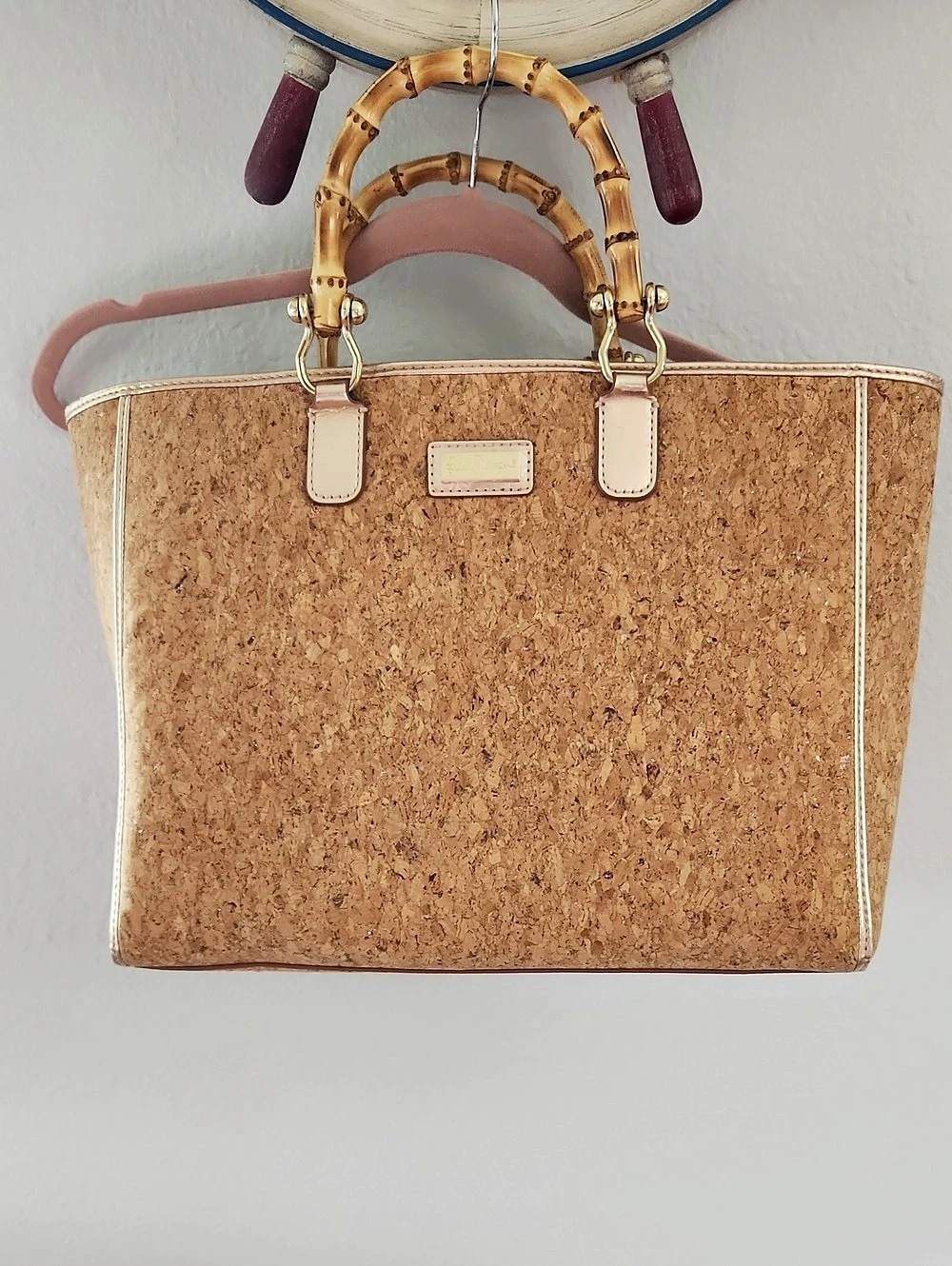 Lilly Pulitzer Cork Tote Bag Bamboo Handles Brown & Pink Like New